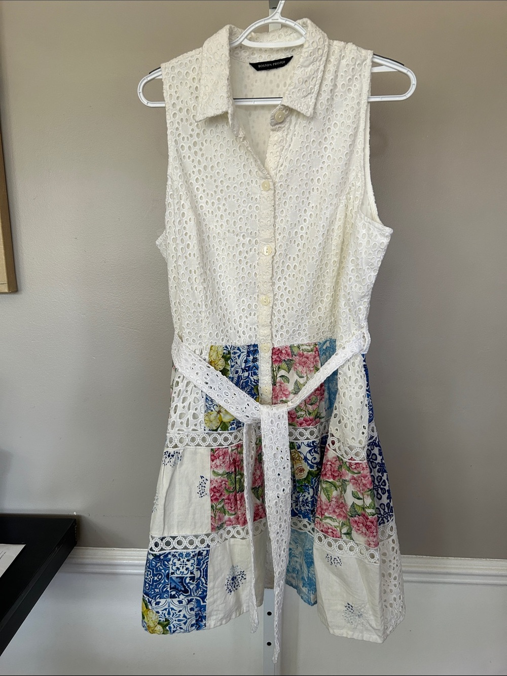 Boston Proper White Eyelet Patchwork Floral Shirt Dress